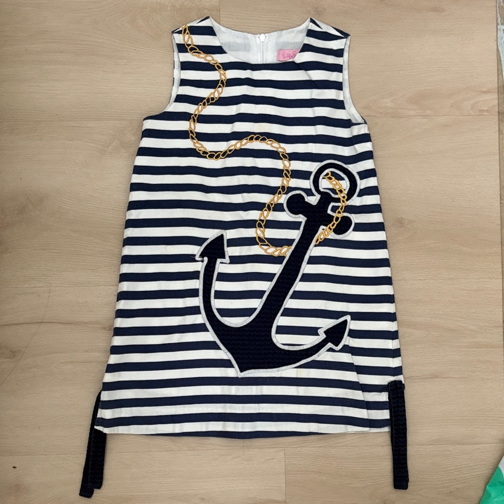 Lilly Pulitzer Navy and White Striped Anchor Shift Dress with Gold Chain Detail